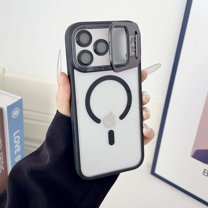 Designed for iPhone 13 Case, Magnetic Compatible with MagSafe | Built-in Metal Camera Stand & Camera Lens Protector | Anti-Yellowing & Scratch-Resistant Crystal Clear Back Cover, Black