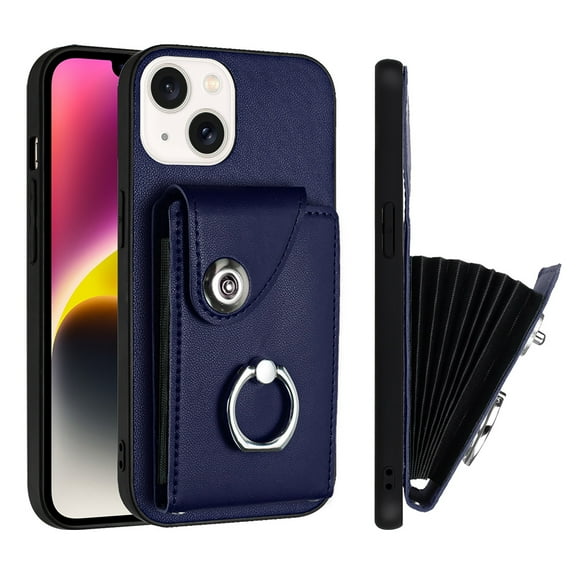 Designed for iPhone 13 Case Wallet Credit Card Holder with Rotation Finger Ring Kickstand, Hidden Pocket Anti-Scratch PU Leather Shockproof Protective Cover for iPhone 13, Blue