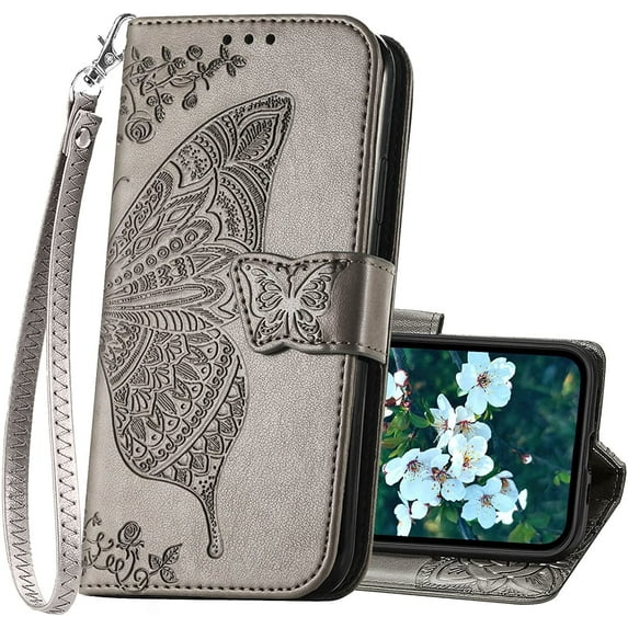 Designed for iPhone 13 Case Wallet for Women,Flip Folio Cover with Butterfly Embossed PU Leather Kickstand Credit Card Holder Slots Magnetic Wrist Strap Protective Phone Case for iPhone 13 (Gray)