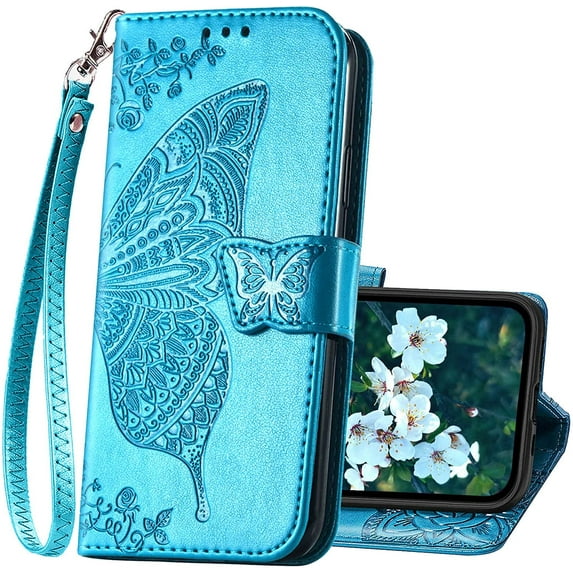 Designed for iPhone 13 Case Wallet for Women,Flip Folio Cover with Butterfly Embossed PU Leather Kickstand Credit Card Holder Slots Magnetic Wrist Strap Protective Phone Case for iPhone 13 (Blue)