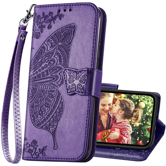 Designed for iPhone 13 Case Wallet for Women,Flip Folio Cover with Butterfly Embossed PU Leather Stand Credit Card Holder Slots Magnetic Wrist Strap Protective Phone Case for iPhone 13 (Purple)