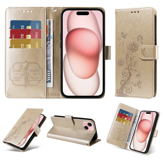 Designed for iPhone 13 Case Wallet,Women Flip Folio Cover with Butterfly & Flower Embossed PU Leather Stand Credit Card Holders Slots Wrist Strap Shockproof Phone Case,Gold
