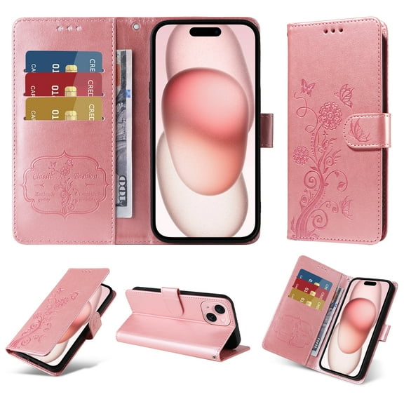 Designed for iPhone 13 Case Wallet,Women Flip Folio Cover with Butterfly & Flower Embossed PU Leather Stand Credit Card Holders Slots Wrist Strap Shockproof Phone Case,Pink