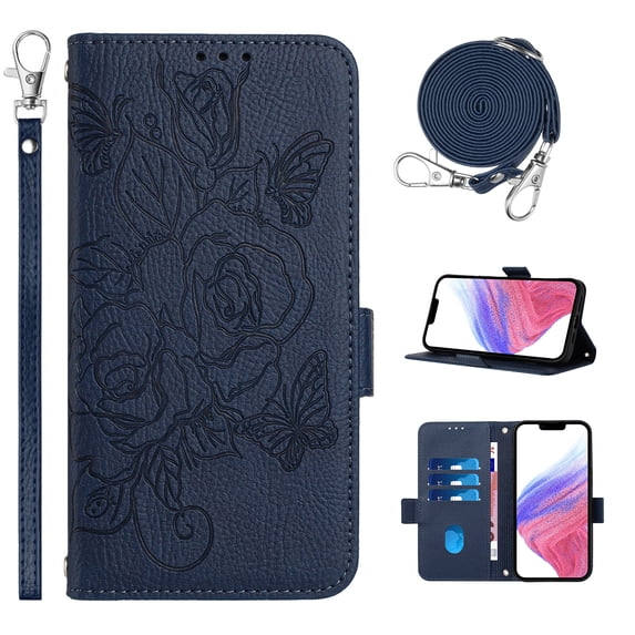 Designed for iPhone 13 Case Wallet, Women Flip Folio Cover with Embossed PU Leather Stand Credit Card Holders Slots Wrist Strap + Shoulder Strap Phone Case, RFID Blocking, Darkblue