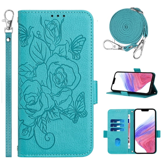 Designed for iPhone 13 Case Wallet, Women Flip Folio Cover with Embossed PU Leather Stand Credit Card Holders Slots Wrist Strap + Shoulder Strap Phone Case, RFID Blocking, Blue