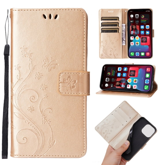 Designed for iPhone 13 Case, Wrist Strap Flip Kickstand PU Leather Wallet Case Cash Card Slots Holder, Protective Shockproof Pattern Women Cover for iPhone 13, Gold
