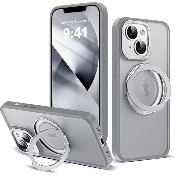Designed for iPhone 13 Case & iPhone 14 Case with 360 Rotatable & Invisible Magnetic Ring Stand [Compatible with Magsafe] Translucent iPhone 13&14 Phone Case 6.1", Titanium Grey