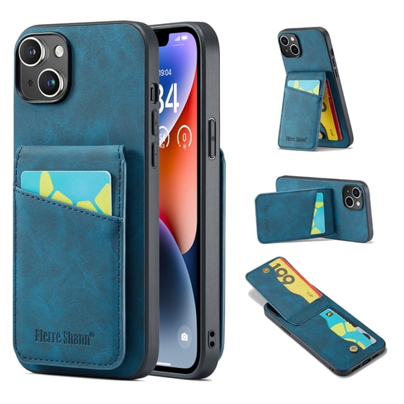 Designed for iPhone 13 Credit Card Slots Flip Wallet Back Case, Vintage Ultra Slim Premium PU Leather Magnetic Snap Kickstand Drop Protective Phone Cover with RFID Blocking, Blue