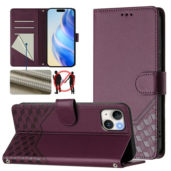 Designed for iPhone 13 Flip Phone Case,With Card Slots,PU Leather Flip Folding Kickstand,With Shoulder Strap and Wrist Strap,Honeycomb Pattern Design,Shockproof Wallet Case,Darkpurple