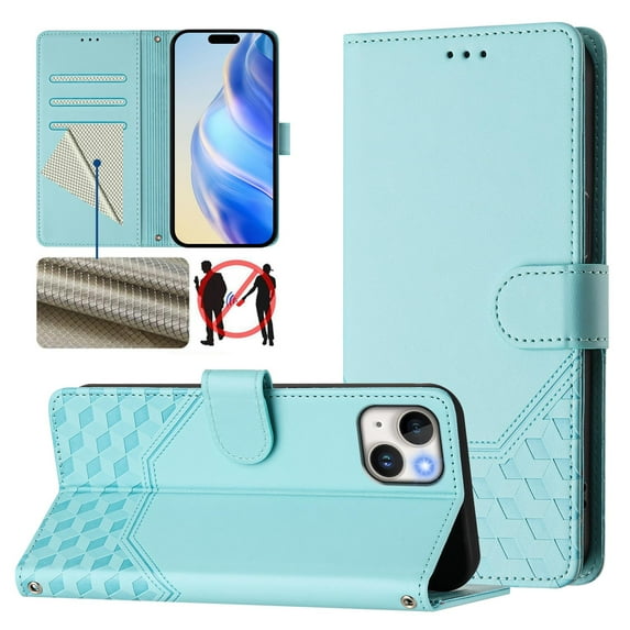 Designed for iPhone 13 Flip Phone Case,With Card Slots,PU Leather Flip Folding Kickstand,With Shoulder Strap and Wrist Strap,Honeycomb Pattern Design,Shockproof Wallet Case,Mint