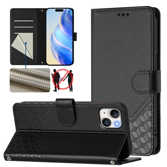 Designed for iPhone 13 Flip Phone Case,With Card Slots,PU Leather Flip Folding Kickstand,With Shoulder Strap and Wrist Strap,Honeycomb Pattern Design,Shockproof Wallet Case,Black
