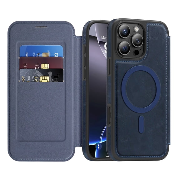 Designed for iPhone 13 Magnetic Flip Phone Case,With RFID Blocking Card Slots,Compatible with Mag-Safe,PU Leather Shockproof Anti-fall Flip Folio Ultra Slim Wallet Phone Case,Blue