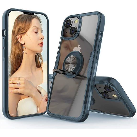 Designed for iPhone 13 Mini Case, Carbon Fiber Design Clear Crystal Anti-Scratch Case with 360 Degree Rotation Ring Kickstand(Work with Magnetic Car Mount) for iPhone 13 Mini 5.4 inch,Navy