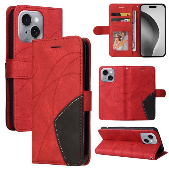 Designed for iPhone 13 Mini Wallet Case, [RFID Blocking] PU Leather Folio Kickstand [TPU Protective Interior Case], Magnetic Closure Card Slot with Hand Strap Shockproof Phone Cover,Red