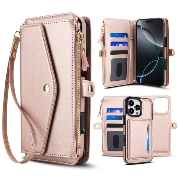 Designed for iPhone 13 Multi-Function Wallet Phone Case,With Shoulder Strap&Wrist Strap,Cash Pocket&Card Slots,Zipper Purse,Magnetic Detachable PU Leather Flip Phone Case,Rosegold