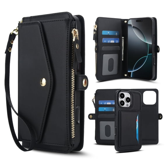 Designed for iPhone 13 Multi-Function Wallet Phone Case,With Shoulder Strap&Wrist Strap,Cash Pocket&Card Slots,Zipper Purse,Magnetic Detachable PU Leather Flip Phone Case,Black