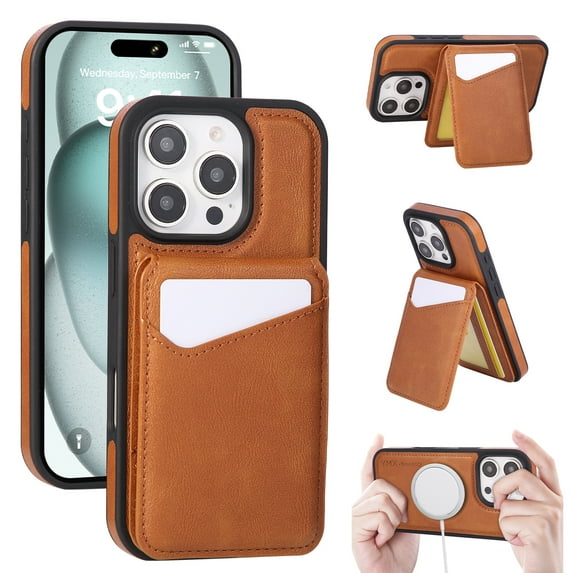 Designed for iPhone 13 Phone Case,2-in-1 Magnetic Detachable Card Holder,With Card Slots,Back Flip Kickstand,Compatible with Mag-Safe,PU Leather Shockproof Wallet Phone Case,Brown