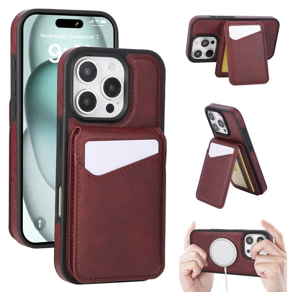 Designed for iPhone 13 Phone Case,2-in-1 Magnetic Detachable Card Holder,With Card Slots,Back Flip Kickstand,Compatible with Mag-Safe,PU Leather Shockproof Wallet Phone Case,Red
