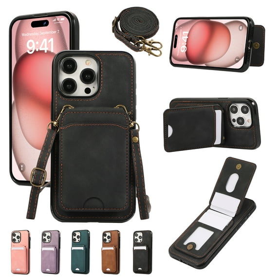 Designed for iPhone 13 Pro Case with Card Holder Crossbody Lanyard Strap PU Leather RFID Blocking Wallet Case with Back Magnetic Clasp Flip Kickstand Heavy Duty Protective Cover,Black