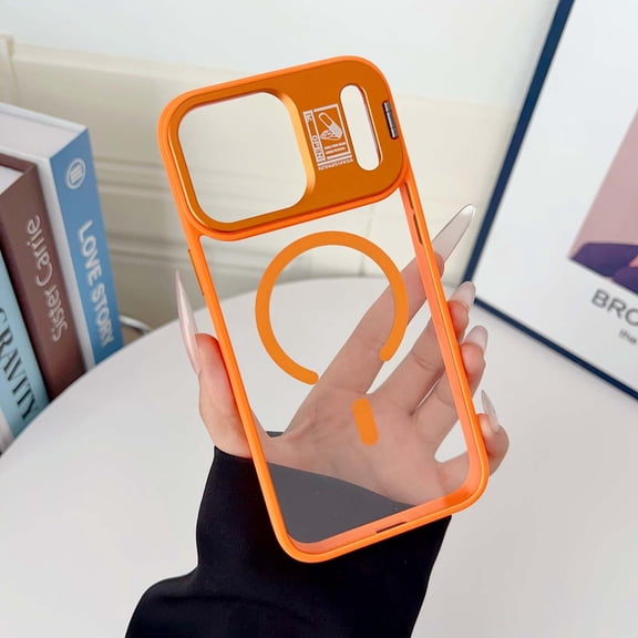 Designed for iPhone 13 Pro Case, Magnetic Compatible with MagSafe | Built-in Metal Camera Stand & Camera Lens Protector | Anti-Yellowing & Scratch-Resistant Crystal Clear Back Cover, Orange