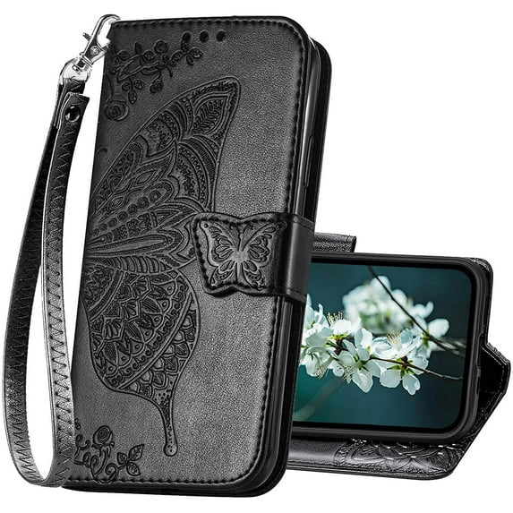 Designed for iPhone 13 Pro Case Wallet for Women,Flip Folio Cover with Butterfly Embossed PU Leather Kickstand Credit Card Holder Slots Magnetic Wrist Strap Phone Case for iPhone 13 Pro (Black)