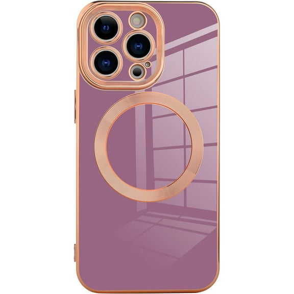 Designed for iPhone 13 Pro Case for Women & Girls [Compatible with MagSafe] Luxury Plating Gold Bumper Phone Cover Full Camera Protection Cover for iPhone 13 Pro 6.1 Inch-Purple