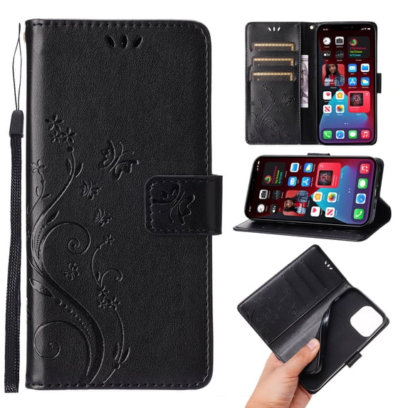 Designed for iPhone 13 Pro Case, Wrist Strap Flip Kickstand PU Leather Wallet Case Cash Card Slots Holder, Protective Shockproof Pattern Women Cover for iPhone 13 Pro, Black