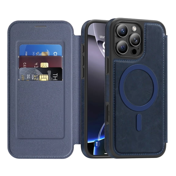 Designed for iPhone 13 Pro Magnetic Flip Phone Case,With RFID Blocking Card Slots,Compatible with Mag-Safe,PU Leather Shockproof Anti-fall Flip Folio Ultra Slim Wallet Phone Case,Blue