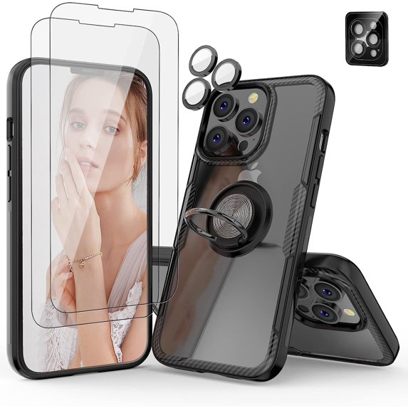 Designed for iPhone 13 Pro Max Case with 2 Tempered Glass Screen Protector, 1 Black Camera Lens Protector,Carbon Fiber Clear Anti-Scratch Case with Ring for iPhone 13 Pro Max 6.7 inch,Black Set