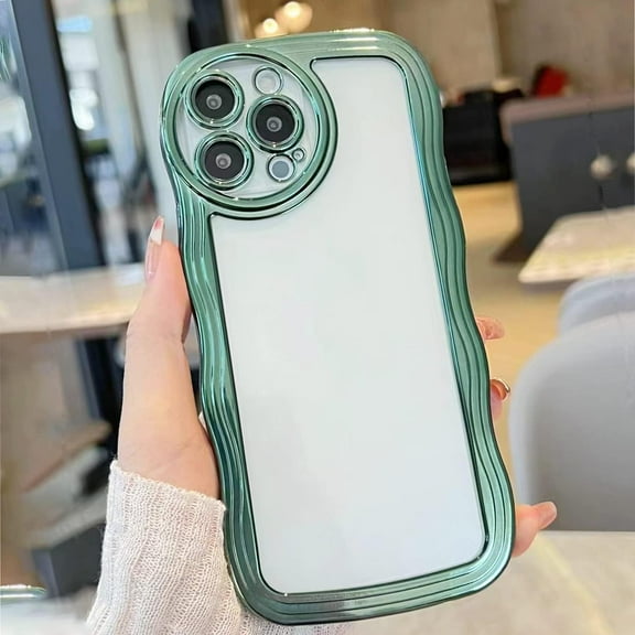 Designed for iPhone 13 Pro Max Case Curly Wave Frame Pattern for Women Girl Men, Luxury Plating with Full Camera Lens Protection Bumper for iPhone 13 Pro Max 6.7"-Green