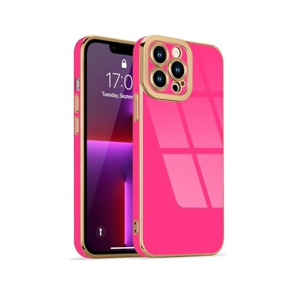 Designed for iPhone 13 Pro Max Case, Cute Luxury Plating for Women Girls Golden Edge Shockproof TPU Bumper Cover with Silicone Camera Protective Phone Case for iPhone 13 Pro Max, Hot Pink