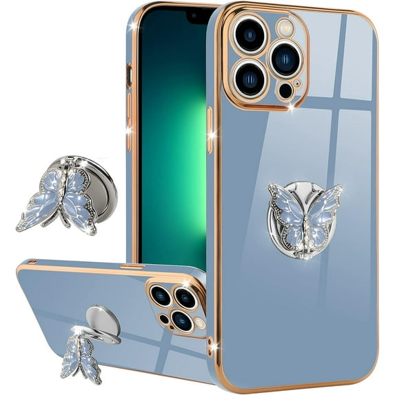 Designed for iPhone 13 Pro Max Case with Ring Holder Luxury Plating Butterfly Hidden Stand Cover Soft TPU Full Camera Protective Phone Case for Women Girls-Blue