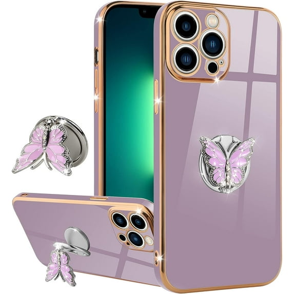 Designed for iPhone 13 Pro Max Case with Ring Holder Luxury Plating Butterfly Hidden Stand Cover Soft TPU Full Camera Protective Phone Case for Women Girls-Purple