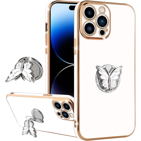 Designed for iPhone 13 Pro Max Case with Ring Holder Luxury Plating Butterfly Hidden Stand Cover Soft TPU Full Camera Protective Phone Case for Women Girls-White