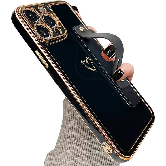 Designed for iPhone 13 Pro Max Case with Strap Luxury Love Heart Plating Gold Bumper Phone Cover Wristband Kickstand Full Body Protective Slim Case for Women - Black