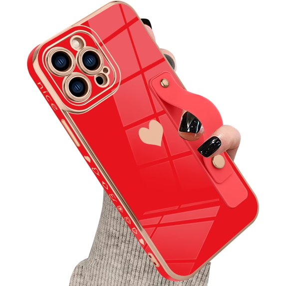 Designed for iPhone 13 Pro Max Case with Strap Luxury Love Heart Plating Gold Bumper Phone Cover Wristband Kickstand Full Body Protective Slim Case for Women-Red