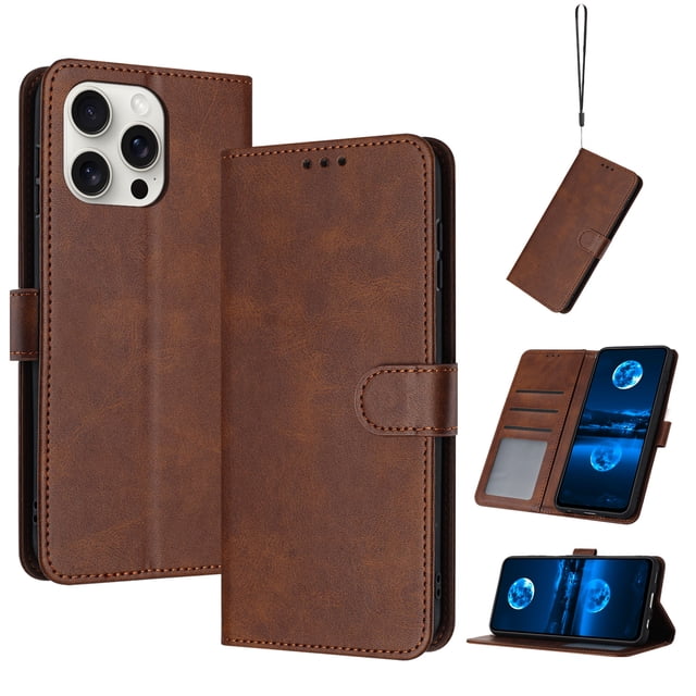 Designed for iPhone 13 Pro Max Case Wallet, Men Women Flip Folio Cover with PU Leather Stand Credit Card Holders Slots Wrist Strap Soft TPU Inner Phone Case for iPhone 13 Pro Max, Brown