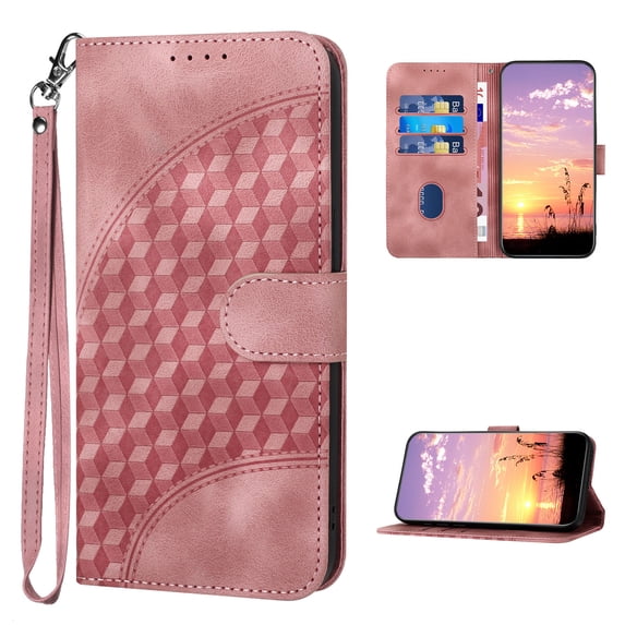 Designed for iPhone 13 Pro Max Case Wallet, Women Flip Folio Cover with Embossed PU Leather Stand Credit Card Holders Slots Wrist Strap Magnetic Closure Phone Case for iPhone 13 Pro Max, Pink