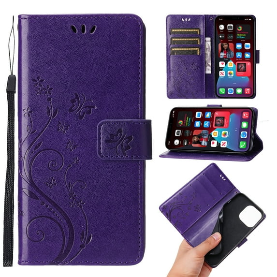 Designed for iPhone 13 Pro Max Case, Wrist Strap Flip Kickstand PU Leather Wallet Case Cash Card Slots Holder, Protective Shockproof Pattern Women Cover for iPhone 13 Pro Max, Purple