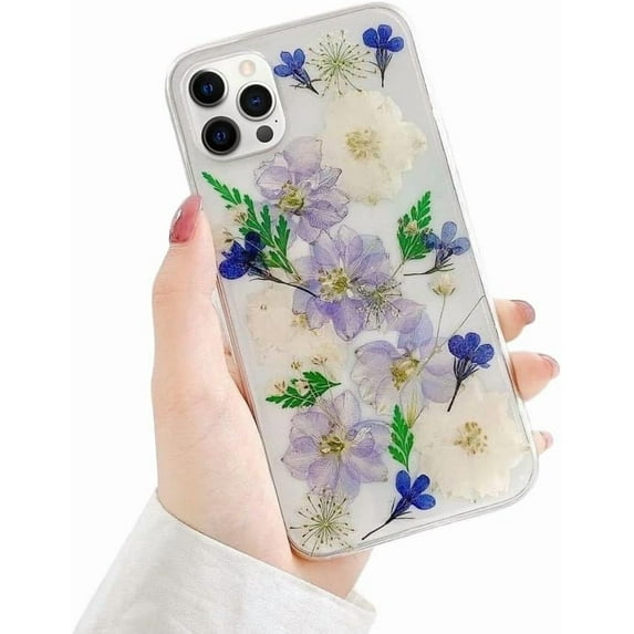 Designed for iPhone 13 Pro Max Flower Case, Pressed Real Flowers Clear Case with Floral Design for Cute Girls Women,Soft TPU Flexible Glitter Cover for iPhone 13 Pro Max (Navy Flower)