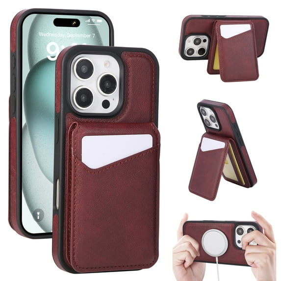 Designed for iPhone 13 Pro Max Phone Case,2-in-1 Magnetic Detachable Card Holder,With Card Slots,Back Flip Kickstand,Compatible with Mag-Safe,PU Leather Shockproof Wallet Phone Case,Red