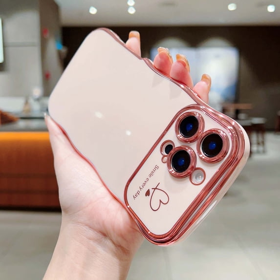 Designed For iPhone 13 Pro Max Phone Case,Cute Curly Wave Frame with Luxury Plating Love Heart Pattern For Women Girls,Soft TPU Shockproof Raised Lens Protection Phone Case,Pink