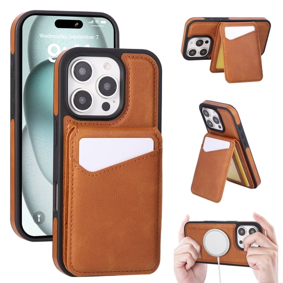 Designed for iPhone 13 Pro Phone Case,2-in-1 Magnetic Detachable Card Holder,With Card Slots,Back Flip Kickstand,Compatible with Mag-Safe,PU Leather Shockproof Wallet Phone Case,Brown