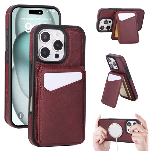 Designed for iPhone 13 Pro Phone Case,2-in-1 Magnetic Detachable Card Holder,With Card Slots,Back Flip Kickstand,Compatible with Mag-Safe,PU Leather Shockproof Wallet Phone Case,Red