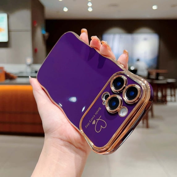 Designed For iPhone 13 Pro Phone Case,Cute Curly Wave Frame with Luxury Plating Love Heart Pattern For Women Girls,Soft TPU Shockproof Raised Lens Protection Phone Case,Darkpurple