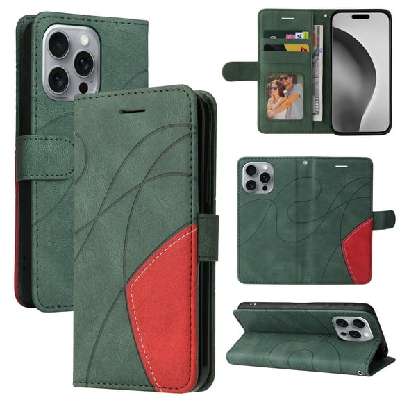 Designed for iPhone 13 Pro Wallet Case, [RFID Blocking] PU Leather Folio Kickstand [TPU Protective Interior Case], Magnetic Closure Card Slot with Hand Strap Shockproof Phone Cover,Green