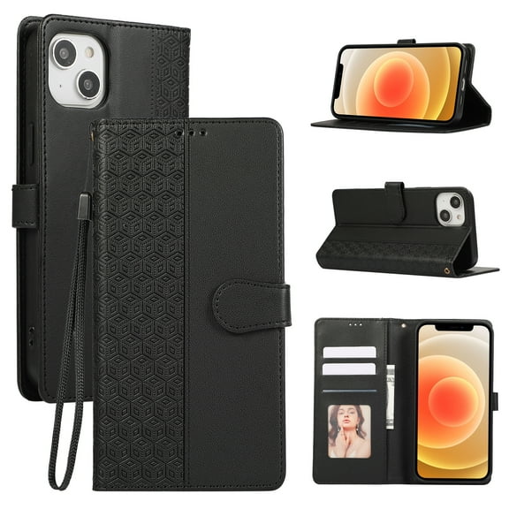 Designed for iPhone 13 Wallet Case, Classic Women Flip Folio Cover with Embossed PU Leather Stand Card Holder Slots Magnetic Detachable Wrist Strap for iPhone 13, Black