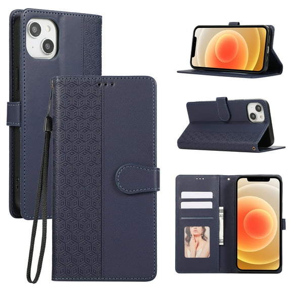 Designed for iPhone 13 Wallet Case, Classic Women Flip Folio Cover with Embossed PU Leather Stand Card Holder Slots Magnetic Detachable Wrist Strap for iPhone 13, Blue