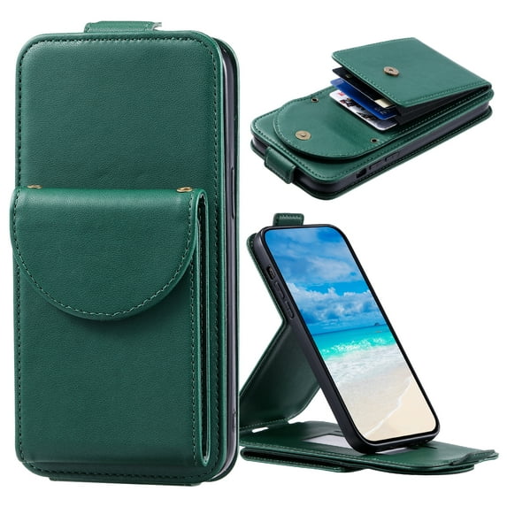 Designed for iPhone 13 Wallet Case, Premium PU Leather Photo/Card/Cash Slots Kickstand Magnetic Snap Flip Case Cover with Crossbody Strap & Lanyard for iPhone 13, Green