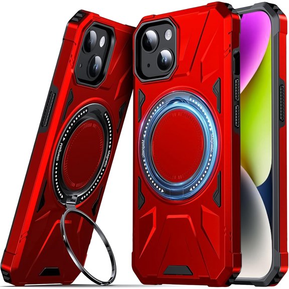 Designed for iPhone 14/13 Case, Hard Rugged Shockproof, with 360 Rotate Ring Kickstand, Heavy Duty Protection Hard Phone Case Cover for iPhone 14/13, Red